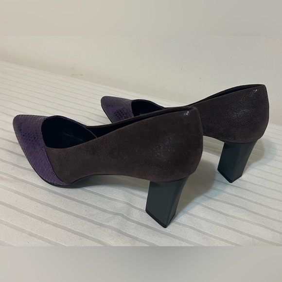LOGO by Lori Goldstein ColorBlock Purple Brown Heels Leather Upper Sz 8 Like New - Picture 5 of 16